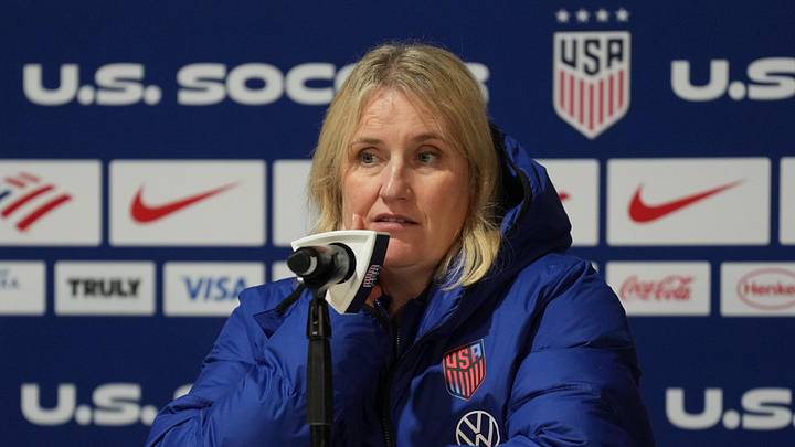 Apr 11, 2026; San Jose, California, USA; United States head coach Emma Hayes talks to media members after defeating Japan at PayPal Park. Mandatory Credit: Darren Yamashita-Imagn Images Apr 11, 2026; San Jose, California, USA; United States head coach Emma Hayes talks to media members after defeating Japan at PayPal Park. Mandatory Credit: Darren Yamashita-Imagn Images