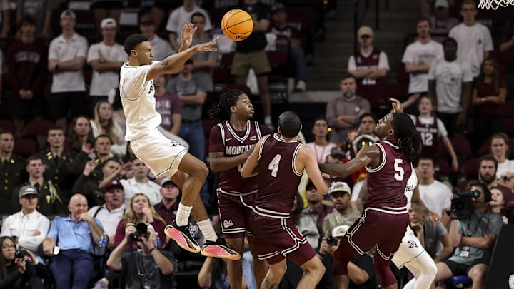 Nov 18, 2025; College Station, Texas, USA; Texas A&M Aggies guard Rylan Griffen (3) passes the ball during the second half against the Montana Grizzlies at Reed Arena. Mandatory Credit: Maria Lysaker-Imagn Images 