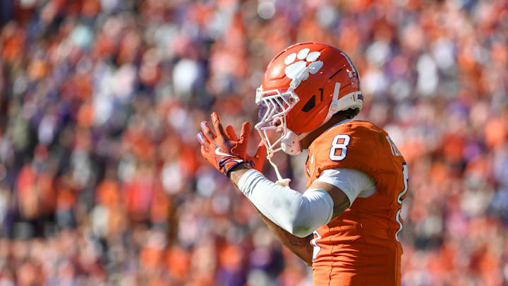 Clemson Tigers cornerback Avieon Terrell (8) reacts to a pass interference call Saturday, Nov. 1, 2025, during the NCAA football game against the Duke Blue Devils at Memorial Stadium in Clemson, South Carolina. Clemson Tigers cornerback Avieon Terrell (8) reacts to a pass interference call Saturday, Nov. 1, 2025, during the NCAA football game against the Duke Blue Devils at Memorial Stadium in Clemson, South Carolina.