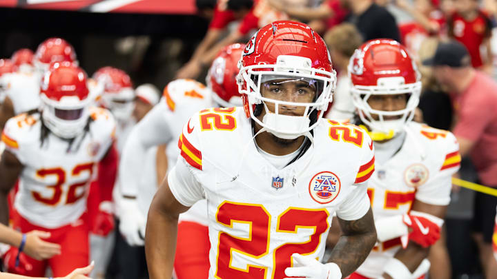 Aug 9, 2025; Glendale, Arizona, USA; Kansas City Chiefs cornerback Trent McDuffie (22) against the Arizona Cardinals during a preseason NFL game at State Farm Stadium. Mandatory Credit: Mark J. Rebilas-Imagn Images