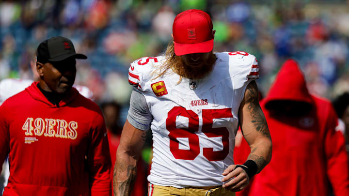 Sep 7, 2025; Seattle, Washington, USA; San Francisco 49ers tight end George Kittle (85) returns to the locker room for halftime against the Seattle Seahawks at Lumen Field. Sep 7, 2025; Seattle, Washington, USA; San Francisco 49ers tight end George Kittle (85) returns to the locker room for halftime against the Seattle Seahawks at Lumen Field.