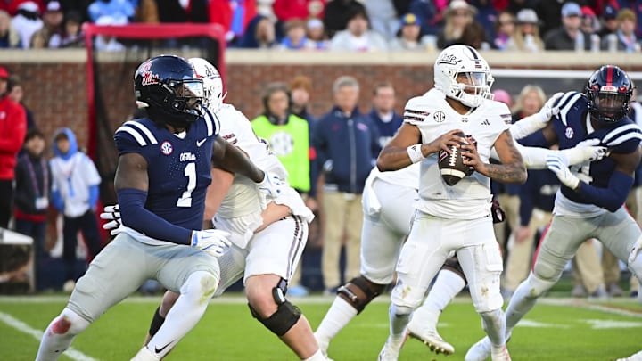 Nov 29, 2024; Oxford, Mississippi, USA; Mississippi State Bulldogs quarterback Michael Van Buren Jr. (0) looks to pass against the Mississippi Rebels during the second quarter at Vaught-Hemingway Stadium. Mandatory Credit: Matt Bush-Imagn Images