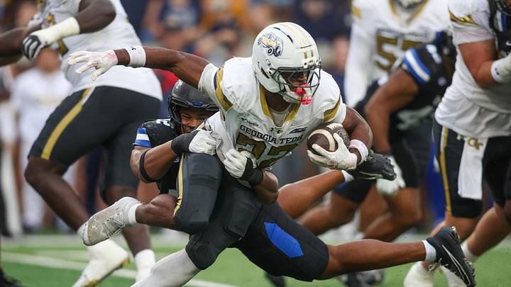 Oct 10, 2026; Atlanta, Georgia, USA; Duke Blue Devils defensive end Bryce Davis (12) tackles Georgia Tech Yellow Jackets running back Justice Haynes (22) in the second quarter at Bobby Dodd Stadium at Hyundai Field. Mandatory Credit: Brett Davis-Imagn Images Oct 10, 2026; Atlanta, Georgia, USA; Duke Blue Devils defensive end Bryce Davis (12) tackles Georgia Tech Yellow Jackets running back Justice Haynes (22) in the second quarter at Bobby Dodd Stadium at Hyundai Field. Mandatory Credit: Brett Davis-Imagn Images