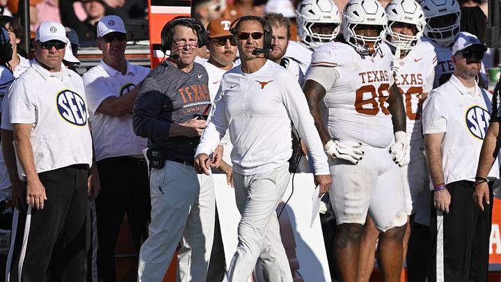 Oct 10, 2026; Dallas, Texas, USA;  Texas Longhorns head coach Steve Sarkisian looks on during the second half against the Oklahoma Sooners at Cotton Bowl.  Mandatory Credit: Jerome Miron-Imagn Images
