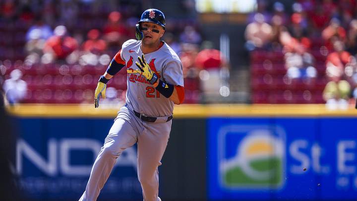 Aug 31, 2025; Cincinnati, Ohio, USA; St. Louis Cardinals outfielder Lars Nootbaar (21) runs to third on a single hit by designated hitter Ivan Herrera (not pictured) in the first inning against the Cincinnati Reds at Great American Ball Park. Mandatory Credit: Katie Stratman-Imagn Images