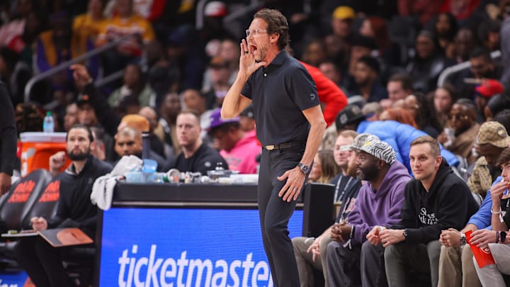 Dec 5, 2025; Atlanta, Georgia, USA; Atlanta Hawks head coach Quin Snyder on the sideline against the Denver Nuggets in the second quarter at State Farm Arena. Mandatory Credit: Brett Davis-Imagn Images