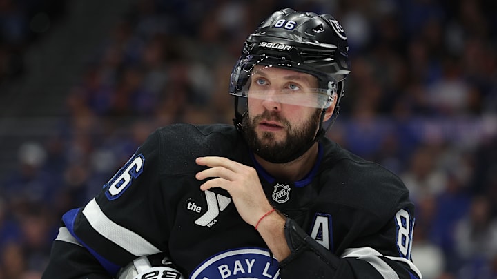 Dec 28, 2024; Tampa, Florida, USA; Tampa Bay Lightning right wing Nikita Kucherov (86) looks on against the New York Rangers during the first period at Amalie Arena. Mandatory Credit: Kim Klement Neitzel-Imagn Images Dec 28, 2024; Tampa, Florida, USA; Tampa Bay Lightning right wing Nikita Kucherov (86) looks on against the New York Rangers during the first period at Amalie Arena. Mandatory Credit: Kim Klement Neitzel-Imagn Images