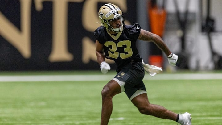 May 10, 2025; New Orleans, LA, USA;  New Orleans Saints safety Jonas Sanker (33) during rookie minicamp at Ochsner Sports Performance Center. Mandatory Credit: Stephen Lew-Imagn Images