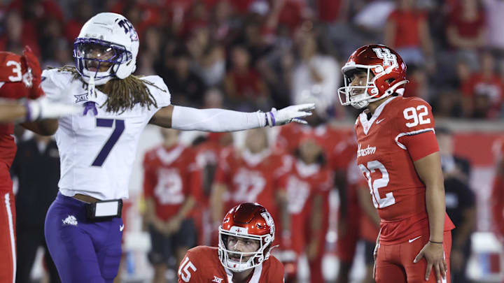 Nov 22, 2025; Houston, Texas, USA; Houston Cougars kicker Ethan Sanchez (92) reacts after a missed field goal attempt during the fourth quarter against the TCU Horned Frogs at TDECU Stadium. Mandatory Credit: Troy Taormina-Imagn Images