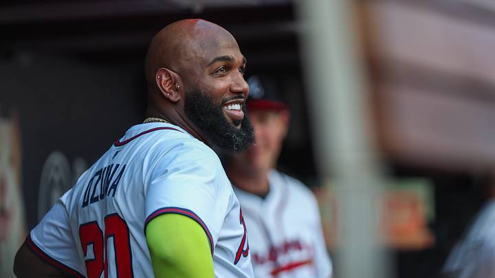 Sep 28, 2025; Cumberland, Georgia, USA; Atlanta Braves designated hitter Marcell Ozuna (20) smiles in the dugout during the game against the Pittsburgh Pirates during the third inning at Truist Park. Mandatory Credit: Jordan Godfree-Imagn Images