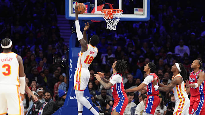 Apr 11, 2025; Philadelphia, Pennsylvania, USA; Atlanta Hawks forward Mouhamed Gueye (18) drives to shoot against the Philadelphia 76ers in the third quarter at Wells Fargo Center. Mandatory Credit: Kyle Ross-Imagn Images Apr 11, 2025; Philadelphia, Pennsylvania, USA; Atlanta Hawks forward Mouhamed Gueye (18) drives to shoot against the Philadelphia 76ers in the third quarter at Wells Fargo Center. Mandatory Credit: Kyle Ross-Imagn Images