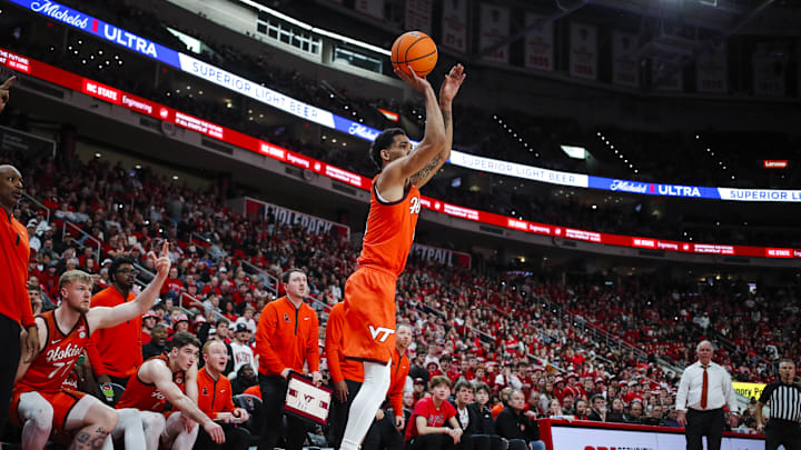 Feb 7, 2026; Raleigh, North Carolina, USA; Virginia Tech guard Jailen Bedford shoots a three-pointer. Feb 7, 2026; Raleigh, North Carolina, USA; Virginia Tech guard Jailen Bedford shoots a three-pointer.