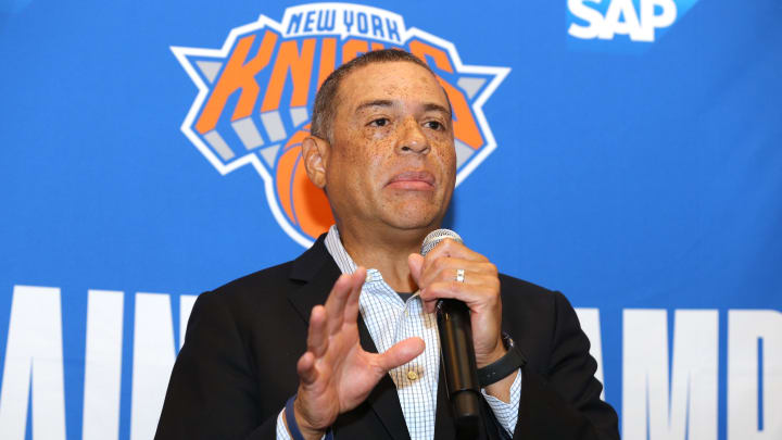 Sep 30, 2019; New York, NY, USA; New York Knicks general manager Scott Perry speaks to the media during media day at the MSG training center in Greenburgh, NY. Mandatory Credit: Brad Penner-USA TODAY Sports