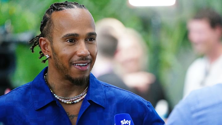 May 4, 2023; Miami Gardens, Florida, USA;  Mercedes driver Lewis Hamilton (44) of Great Britain talks with the media during a TV pen interview session at Miami International Autodrome. Mandatory Credit: John David Mercer-Imagn Images