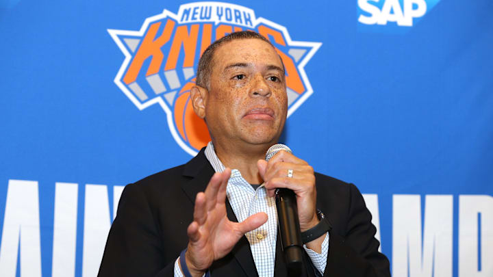 Sep 30, 2019; New York, NY, USA; New York Knicks general manager Scott Perry speaks to the media during media day at the MSG training center in Greenburgh, NY. Mandatory Credit: Brad Penner-Imagn Images Sep 30, 2019; New York, NY, USA; New York Knicks general manager Scott Perry speaks to the media during media day at the MSG training center in Greenburgh, NY. Mandatory Credit: Brad Penner-Imagn Images