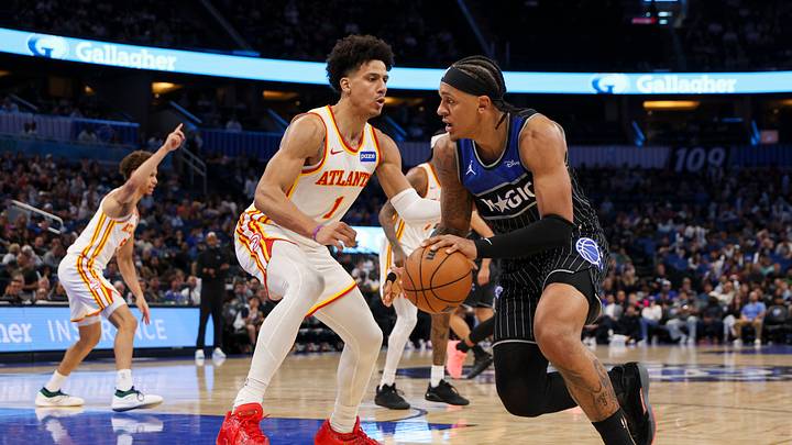 Apr 1, 2026; Orlando, Florida, USA; Orlando Magic forward Paolo Banchero (5) is guarded by Atlanta Hawks forward Jalen Johnson (1) in the third quarter at Kia Center. Mandatory Credit: Nathan Ray Seebeck-Imagn Images Apr 1, 2026; Orlando, Florida, USA; Orlando Magic forward Paolo Banchero (5) is guarded by Atlanta Hawks forward Jalen Johnson (1) in the third quarter at Kia Center. Mandatory Credit: Nathan Ray Seebeck-Imagn Images