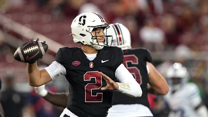 Oct 19, 2024; Stanford, California, USA; Stanford Cardinal quarterback Elijah Brown (2) throws a pass against the Southern Methodist Mustangs during the second quarter at Stanford Stadium. Mandatory Credit: Darren Yamashita-Imagn Images