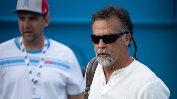 Former Tennessee Titans head coach Jeff Fisher arrives at Nissan Stadium in Nashville, Tenn., Sunday, Oct. 29, 2023.