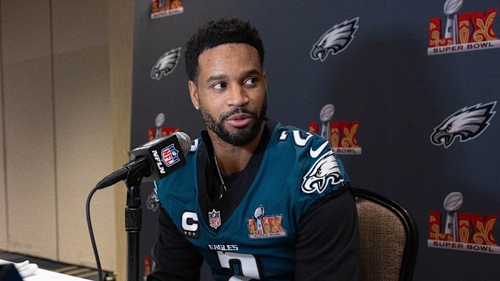 Feb 5, 2025; New Orleans, LA, USA; Philadelphia Eagles cornerback Darius Slay Jr. speaks with the media during a press conference at Hilton New Orleans Riverside. Mandatory Credit: Bill Streicher-Imagn Images Feb 5, 2025; New Orleans, LA, USA; Philadelphia Eagles cornerback Darius Slay Jr. speaks with the media during a press conference at Hilton New Orleans Riverside. Mandatory Credit: Bill Streicher-Imagn Images
