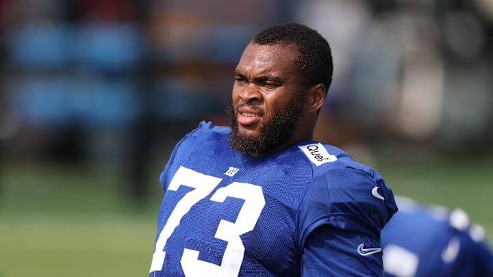 Aug 4, 2025; East Rutherford, NJ, USA; New York Giants offensive tackle Evan Neal (73) on the field during training camp at Quest Diagnostics Training Center. Aug 4, 2025; East Rutherford, NJ, USA; New York Giants offensive tackle Evan Neal (73) on the field during training camp at Quest Diagnostics Training Center.