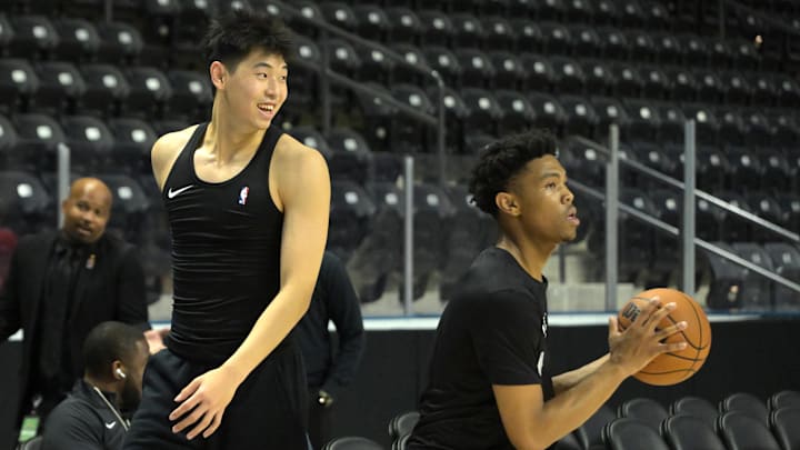 Oct 8, 2024; Oceanside, California, USA; Brooklyn Nets guard Yongxi Cui (8) and guard Jaylen Martin (16) warm up prior to the preseason game against the Los Angeles Clippers at Frontwave Arena. Mandatory Credit: Jayne Kamin-Oncea-Imagn Images Oct 8, 2024; Oceanside, California, USA; Brooklyn Nets guard Yongxi Cui (8) and guard Jaylen Martin (16) warm up prior to the preseason game against the Los Angeles Clippers at Frontwave Arena. Mandatory Credit: Jayne Kamin-Oncea-Imagn Images