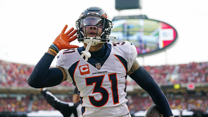 Jan 1, 2023; Kansas City, Missouri, USA; Denver Broncos safety Justin Simmons (31) celebrates after