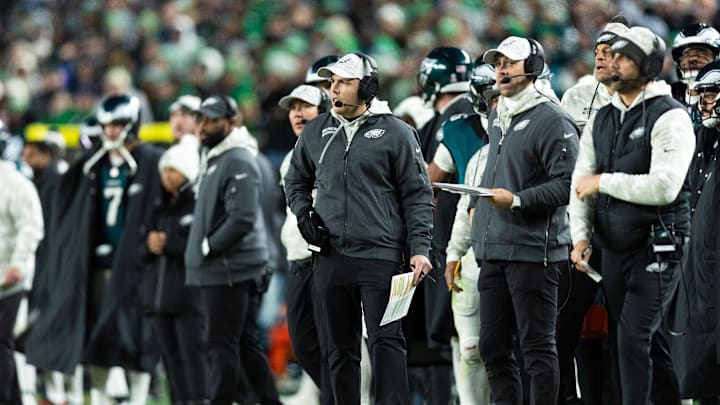 Nov 14, 2024; Philadelphia, Pennsylvania, USA; Philadelphia Eagles offensive coordinator Kellen Moore reacts during the third quarter of a game against the Washington Commanders at Lincoln Financial Field. Mandatory Credit: Bill Streicher-Imagn Images