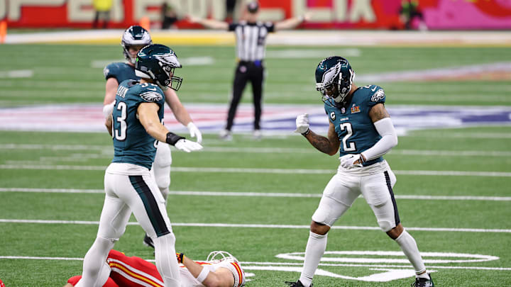 Feb 9, 2025; New Orleans, LA, USA; Philadelphia Eagles cornerback Darius Slay Jr. (2) reacts after breaking up a pass intended for Kansas City Chiefs tight end Travis Kelce (87) during the first half of Super Bowl LIX at Caesars Superdome. Mandatory Credit: Bill Streicher-Imagn Images