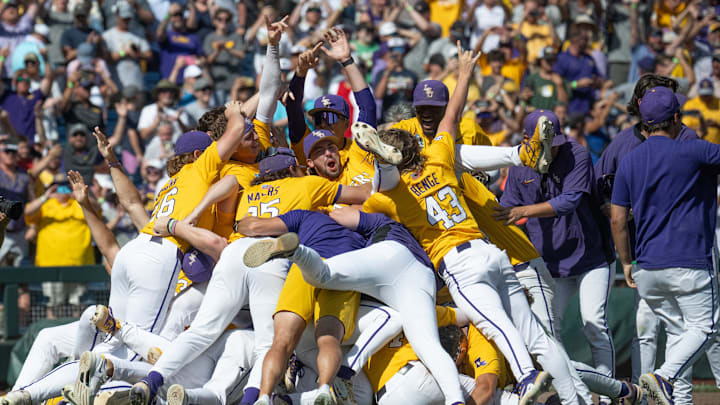 The LSU Tigers celebrate after defeating the Coastal Carolina Chanticleers to win the 2025 College World Series.