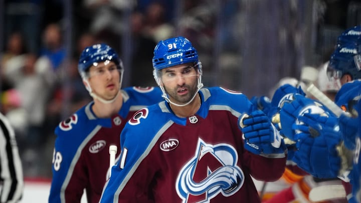 Mar 30, 2026; Denver, Colorado, USA; Colorado Avalanche center Nazem Kadri (91) celebrates his first goal of the first period against the Calgary Flames at Ball Arena. Mandatory Credit: Ron Chenoy-Imagn Images Mar 30, 2026; Denver, Colorado, USA; Colorado Avalanche center Nazem Kadri (91) celebrates his first goal of the first period against the Calgary Flames at Ball Arena. Mandatory Credit: Ron Chenoy-Imagn Images