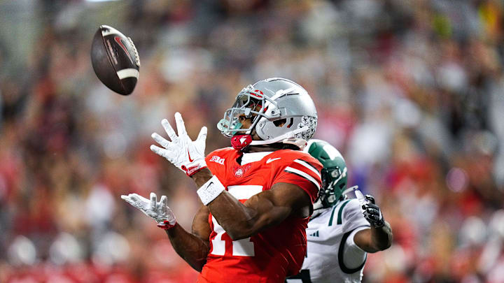 Ohio State Buckeyes wide receiver Carnell Tate (17) catches a pass against the Ohio Bobcats in the second half at the Ohio Stadium on Saturday, Sept. 13, 2025 in Columbus, Ohio.
