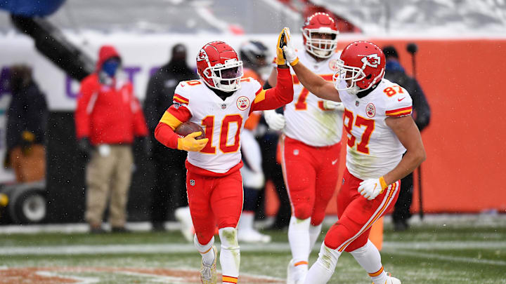 Oct 25, 2020; Denver, Colorado, USA; Kansas City Chiefs wide receiver Tyreek Hill (10) celebrates