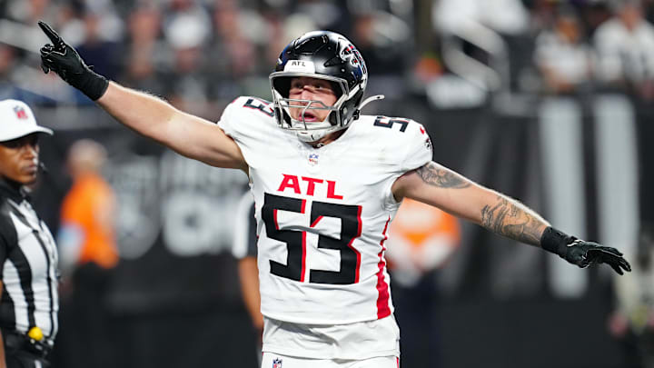 Dec 16, 2024; Paradise, Nevada, USA; Atlanta Falcons linebacker Nate Landman (53) celebrates after the Falcons sacked Las Vegas Raiders quarterback Desmond Ridder (10) in the end zone during the second quarter at Allegiant Stadium. Mandatory Credit: Stephen R. Sylvanie-Imagn Images