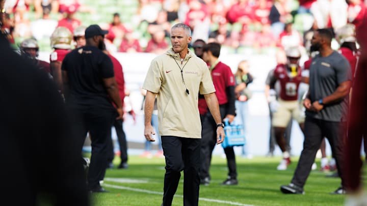 Aug 24, 2024; Dublin, IRL; Florida State University head coach Mike Norvell before the game against Georgia Tech  at Aviva Stadium. Mandatory Credit: Tom Maher/INPHO via USA TODAY Sports