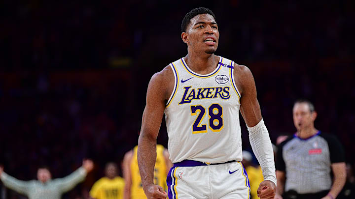 Feb 8, 2025; Los Angeles, California, USA; Los Angeles Lakers forward Rui Hachimura (28) reacts after dunking for the basket against the Indiana Pacers during the second half at Crypto.com Arena. Mandatory Credit: Gary A. Vasquez-Imagn Images