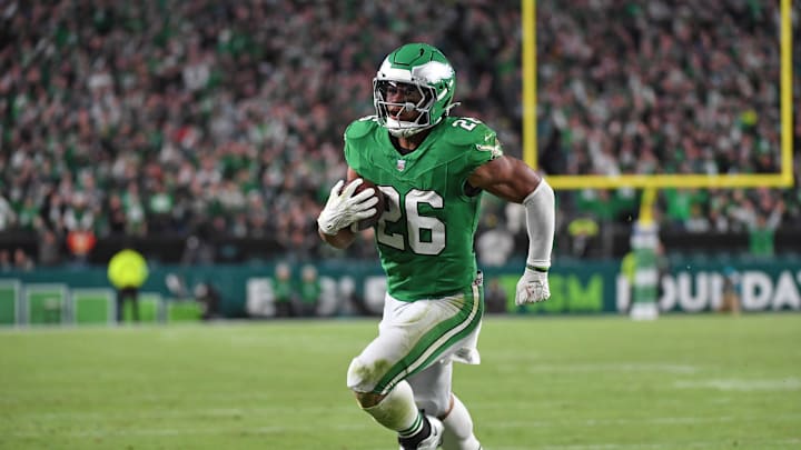 Nov 3, 2024; Philadelphia, Pennsylvania, USA; Philadelphia Eagles running back Saquon Barkley (26) score on a 19-yard touchdown run during the second quarter against the Jacksonville Jaguars at Lincoln Financial Field. Mandatory Credit: Eric Hartline-Imagn Images