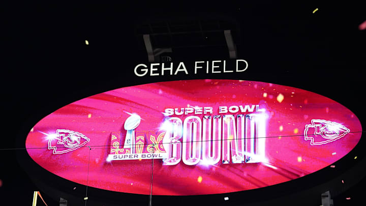 Jan 26, 2025; Kansas City, MO, USA; A detailed view of the video board after the AFC Championship game against the Buffalo Bills at GEHA Field at Arrowhead Stadium. Mandatory Credit: Denny Medley-Imagn Images