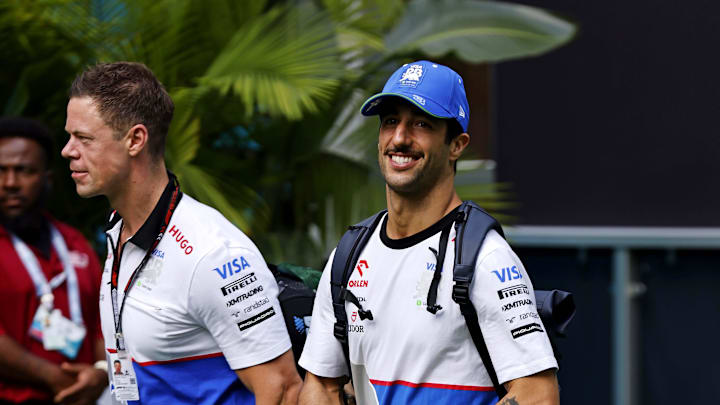 May 5, 2024; Miami Gardens, Florida, USA; RB driver Daniel Ricciardo (3) walks into the F1 Village before the F1 Miami Grand Prix at Miami International Autodrome. Mandatory Credit: Peter Casey-USA TODAY Sports