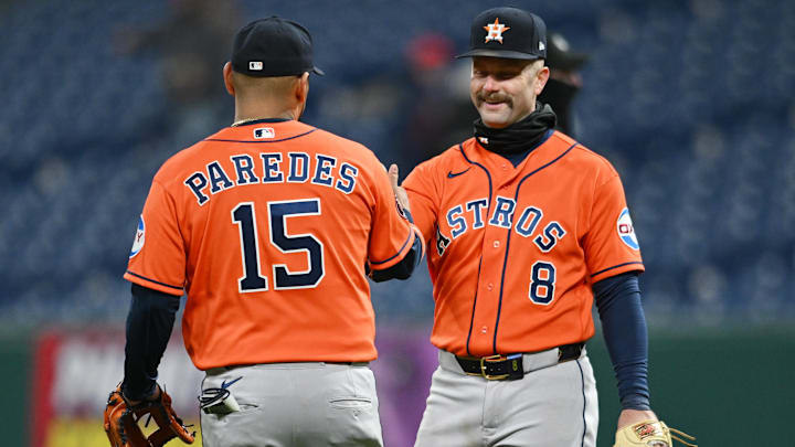 Apr 20, 2026; Cleveland, Ohio, USA; Houston Astros third baseman Isaac Paredes (15) celebrates with first baseman Christian Walker (8) after the Astros beat the Cleveland Guardians at Progressive Field. Mandatory Credit: Ken Blaze-Imagn Images