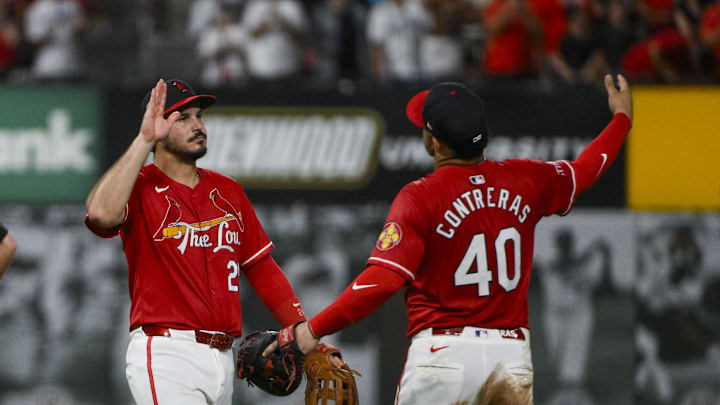 Jul 25, 2025; St. Louis, Missouri, USA; St. Louis Cardinals third baseman Nolan Arenado (28) celebrates with first baseman Willson Contreras (40) after the Cardinals defeated the San Diego Padres at Busch Stadium. Mandatory Credit: Jeff Curry-Imagn Images Jul 25, 2025; St. Louis, Missouri, USA; St. Louis Cardinals third baseman Nolan Arenado (28) celebrates with first baseman Willson Contreras (40) after the Cardinals defeated the San Diego Padres at Busch Stadium. Mandatory Credit: Jeff Curry-Imagn Images