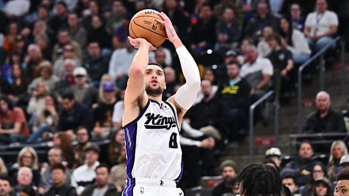 Feb 26, 2025; Salt Lake City, Utah, USA;  Sacramento Kings guard Zach LaVine (8) attempts a shot in the first half against the Utah Jazz at Delta Center. Mandatory Credit: Jamie Sabau-Imagn Images