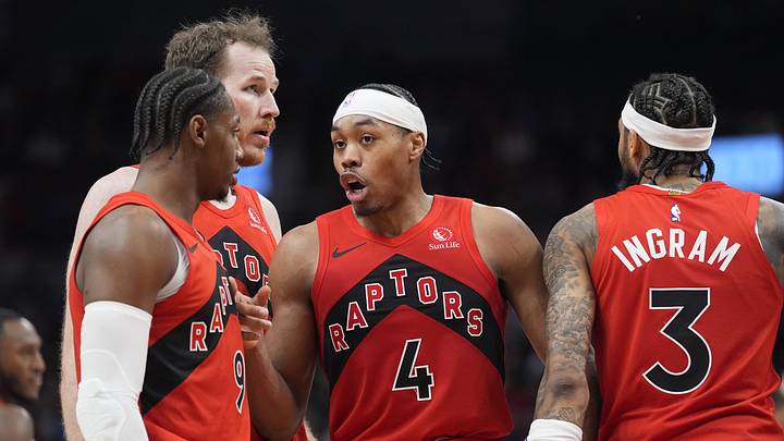 Mar 15, 2026; Toronto, Ontario, CAN; Toronto Raptors guard Scottie Barnes (4) talks to forward RJ Barrett (9) and center Jakob Poeltl (19) and forward Brandon Ingram (3) during a break in the action against the Detroit Pistons during the fourth quarter at Scotiabank Arena. Mandatory Credit: John E. Sokolowski-Imagn Images