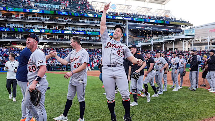 Detroit Tigers pitcher Tommy Kahnle (43) celebrates 6-3 win over Cleveland Guardians in Game 3 of AL wild-card series at Progressive Field in Cleveland on Thursday, Oct. 2, 2025.