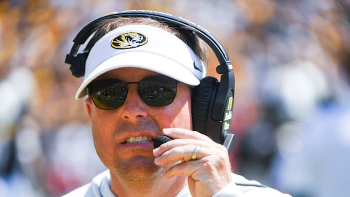 Sept 13, 2025; Columbia, Missouri, USA; Missouri Tigers head coach Eli Drinkwitz in the second quarter at Faurot Field.