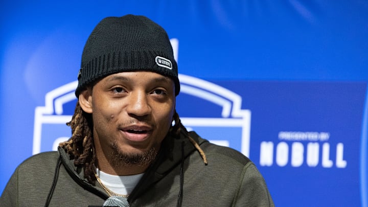 Mar 2, 2023; Indianapolis, IN, USA; Ohio State defensive back Ronnie Hickman, Jr. (DB46) speaks to