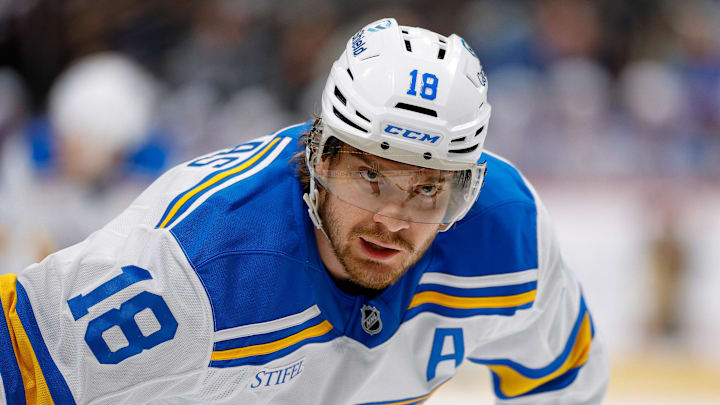 Apr 5, 2026; Denver, Colorado, USA; St. Louis Blues center Robert Thomas (18) in the third period against the Colorado Avalanche at Ball Arena. Mandatory Credit: Isaiah J. Downing-Imagn Images