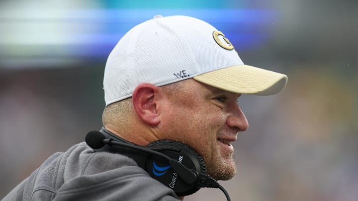 Sep 14, 2024; Atlanta, Georgia, USA; Georgia Tech Yellow Jackets head coach Brent Key on the sideline against the Virginia Military Institute Keydets in the second quarter at Bobby Dodd Stadium at Hyundai Field. Mandatory Credit: Brett Davis-Imagn Images