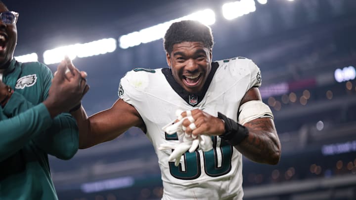 Aug 7, 2025; Philadelphia, Pennsylvania, USA; Philadelphia Eagles linebacker Jihaad Campbell (30) reacts as he walks off the field after a victory against the Cincinnati Bengals at Lincoln Financial Field. Mandatory Credit: Bill Streicher-Imagn Images Aug 7, 2025; Philadelphia, Pennsylvania, USA; Philadelphia Eagles linebacker Jihaad Campbell (30) reacts as he walks off the field after a victory against the Cincinnati Bengals at Lincoln Financial Field. Mandatory Credit: Bill Streicher-Imagn Images