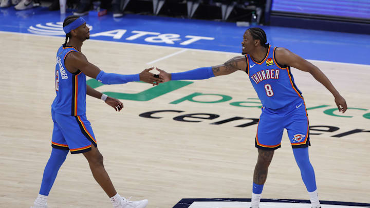 Jan 13, 2026; Oklahoma City, Oklahoma, USA; Oklahoma City Thunder guard/forward Jalen Williams (8) celebrates with guard Shai Gilgeous-Alexander (2) after he scored against the San Antonio Spurs during the second half at Paycom Center. Mandatory Credit: Alonzo Adams-Imagn Images