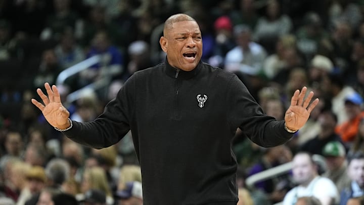 Mar 24, 2024; Milwaukee, Wisconsin, USA;  Milwaukee Bucks head coach Doc Rivers reacts to a call